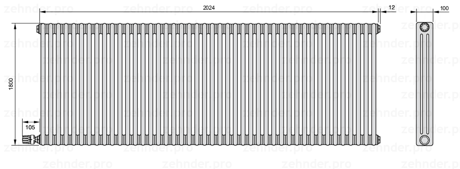 Схема (чертеж) Радиатор Zehnder Charleston 3180/44 №V004 Белый глянцевый RAL 9016